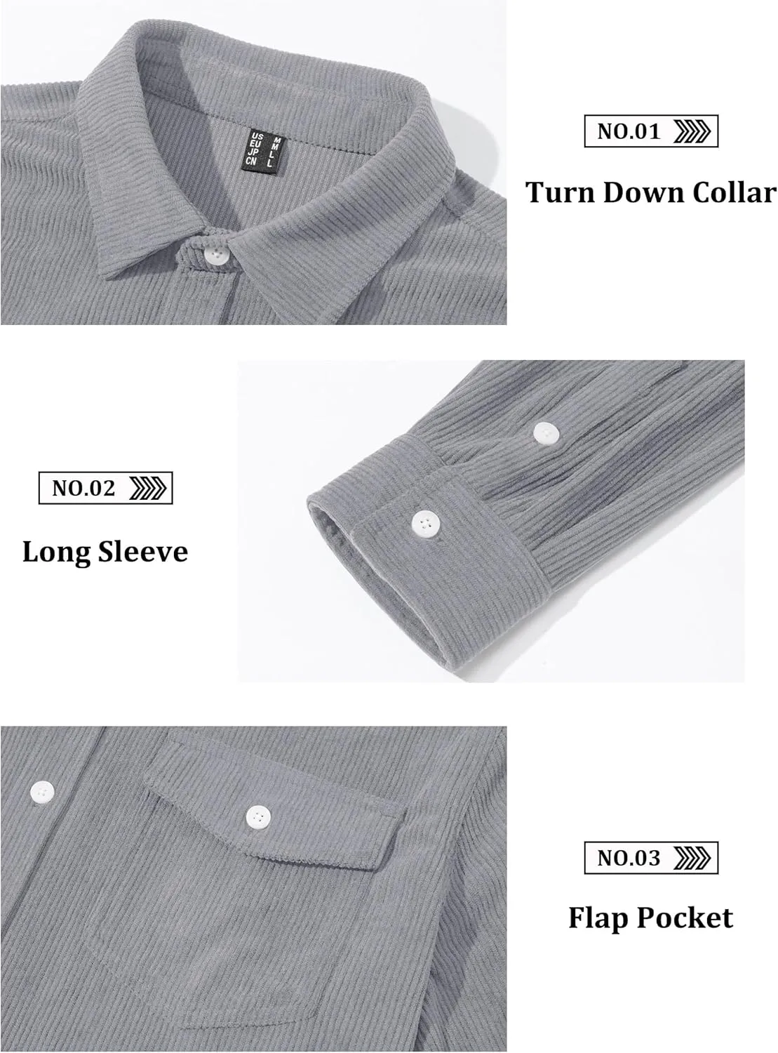 EKLENTSON Men's Corduroy Jackets Button Up Shirt Long Sleeve Ribbed Shacket Lightweight Shirt Jacket with Chest Pockets