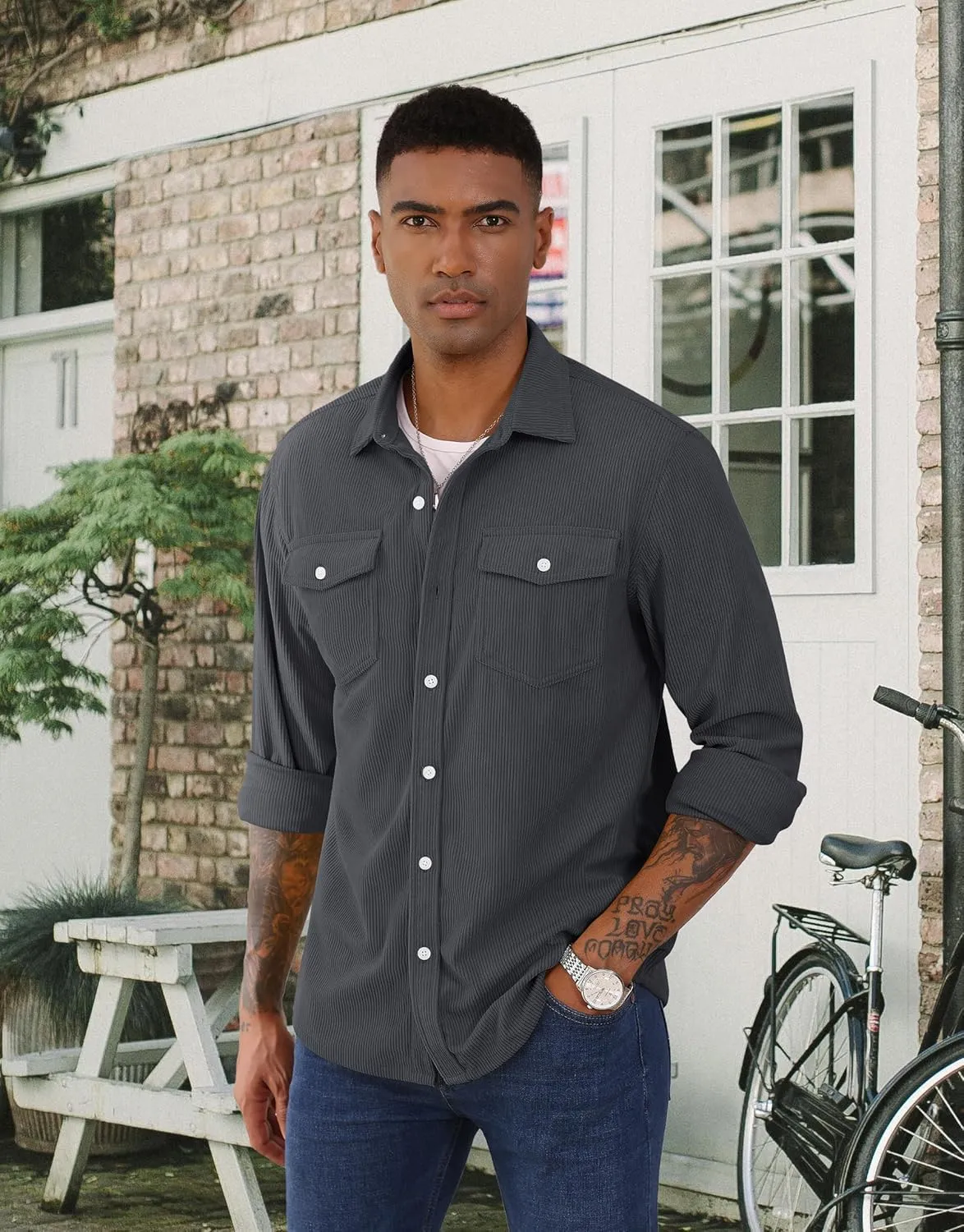 EKLENTSON Men's Corduroy Jackets Button Up Shirt Long Sleeve Ribbed Shacket Lightweight Shirt Jacket with Chest Pockets