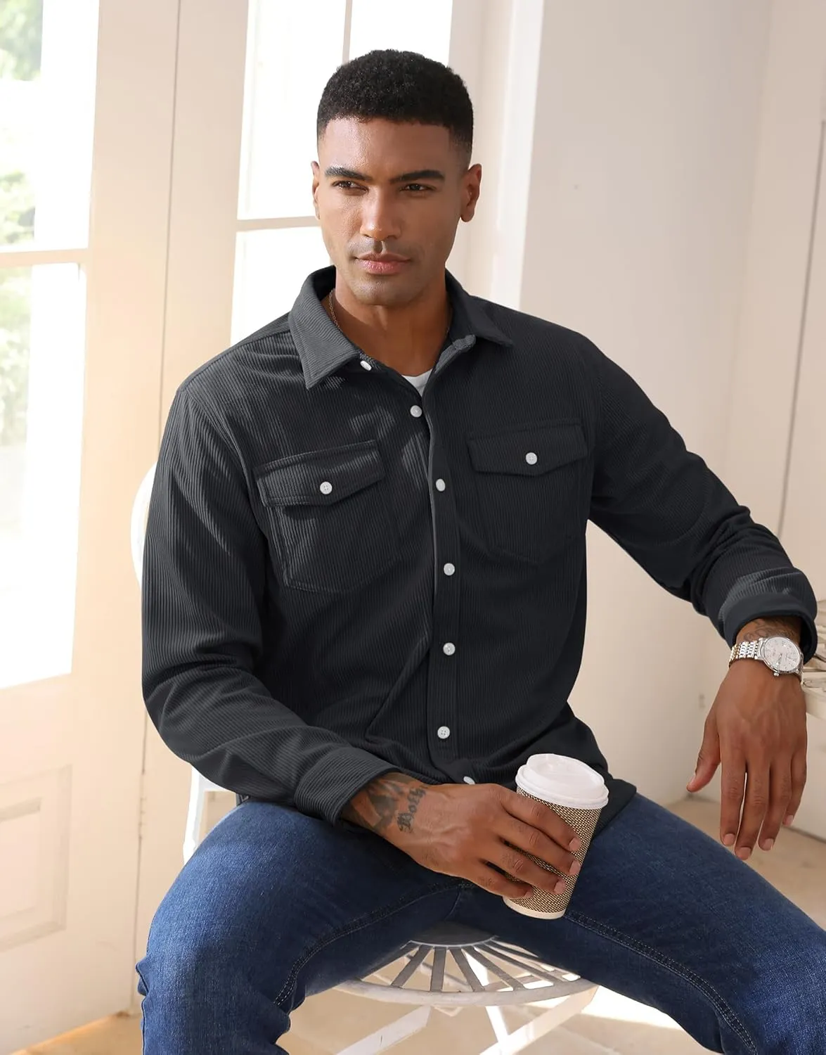 EKLENTSON Men's Corduroy Jackets Button Up Shirt Long Sleeve Ribbed Shacket Lightweight Shirt Jacket with Chest Pockets