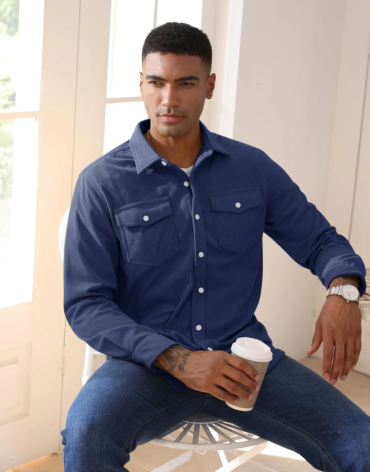EKLENTSON Men's Corduroy Jackets Button Up Shirt Long Sleeve Ribbed Shacket Lightweight Shirt Jacket with Chest Pockets