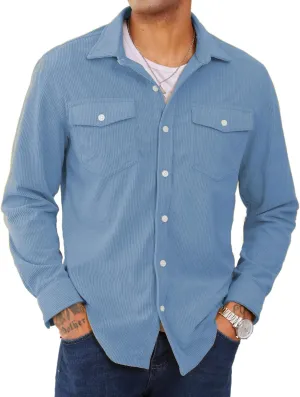 EKLENTSON Men's Corduroy Jackets Button Up Shirt Long Sleeve Ribbed Shacket Lightweight Shirt Jacket with Chest Pockets