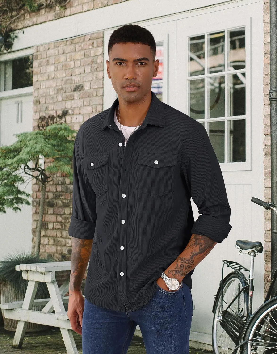 EKLENTSON Men's Corduroy Jackets Button Up Shirt Long Sleeve Ribbed Shacket Lightweight Shirt Jacket with Chest Pockets