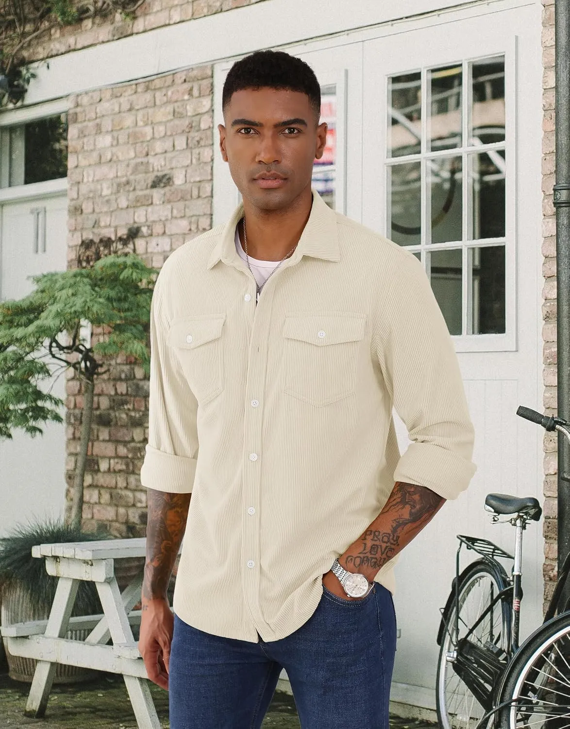 EKLENTSON Men's Corduroy Jackets Button Up Shirt Long Sleeve Ribbed Shacket Lightweight Shirt Jacket with Chest Pockets