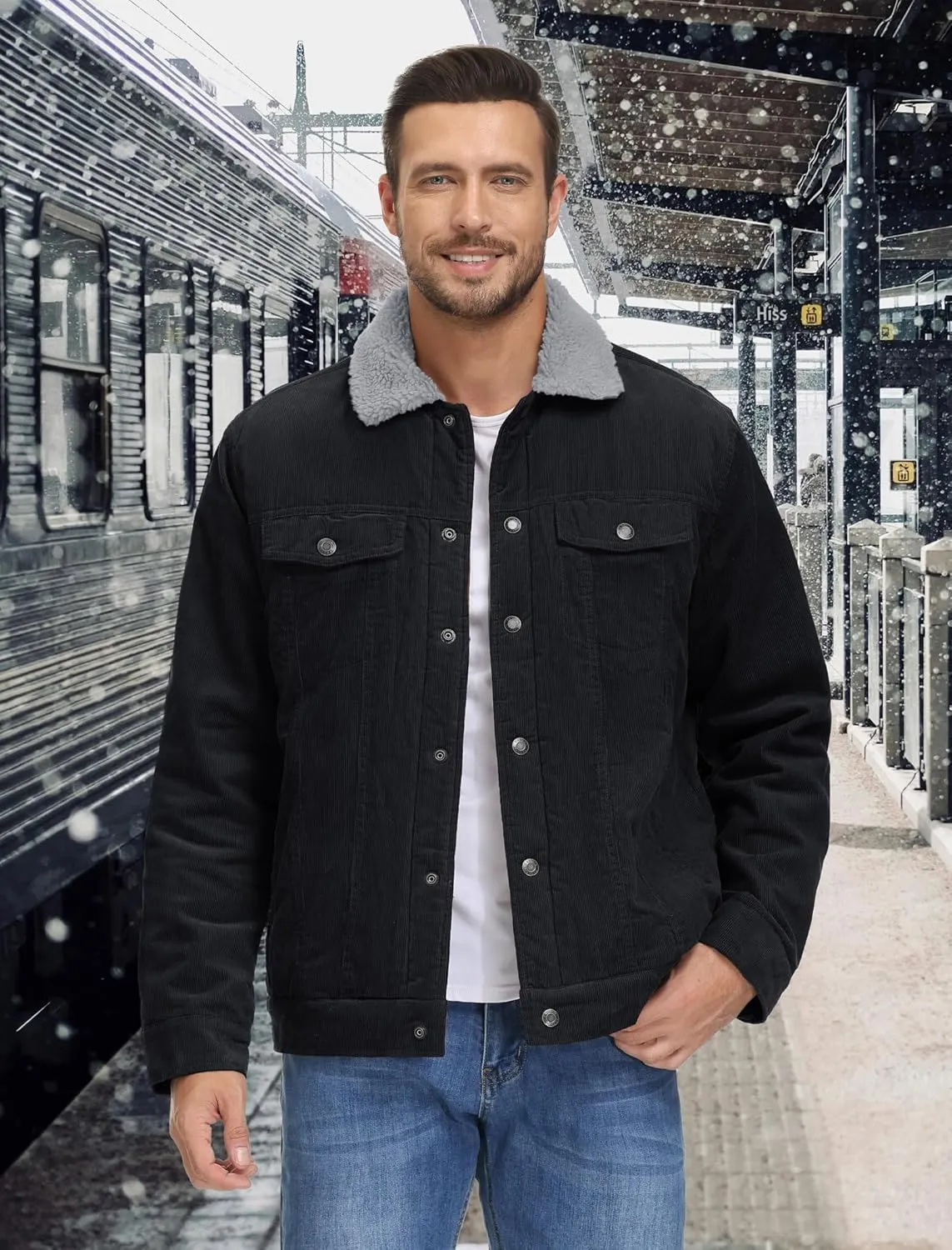 EKLENTSON Men's Corduroy Jackets Sherpa Lined Winter Coats Thermal Warm Fleece Jacket Casual Lapel Trucker Jackets