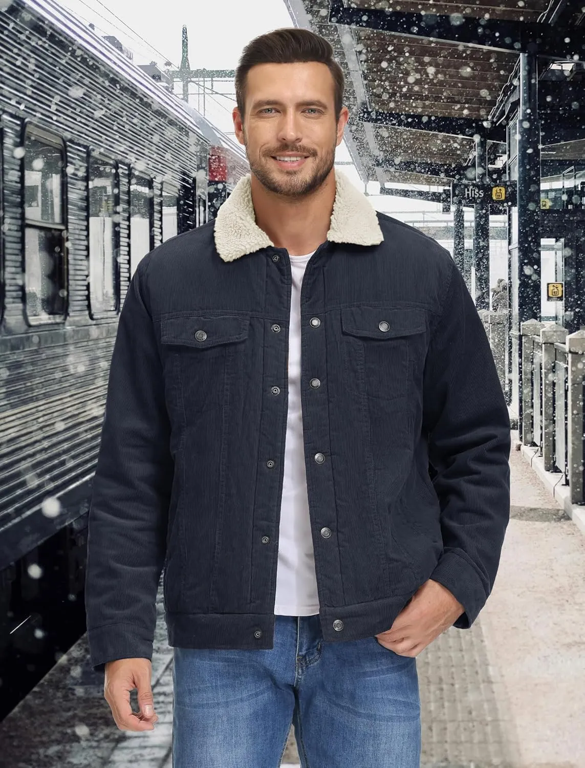 EKLENTSON Men's Corduroy Jackets Sherpa Lined Winter Coats Thermal Warm Fleece Jacket Casual Lapel Trucker Jackets