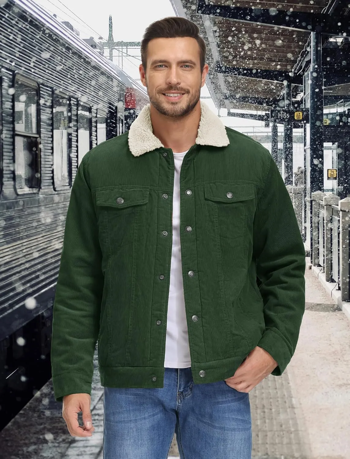 EKLENTSON Men's Corduroy Jackets Sherpa Lined Winter Coats Thermal Warm Fleece Jacket Casual Lapel Trucker Jackets