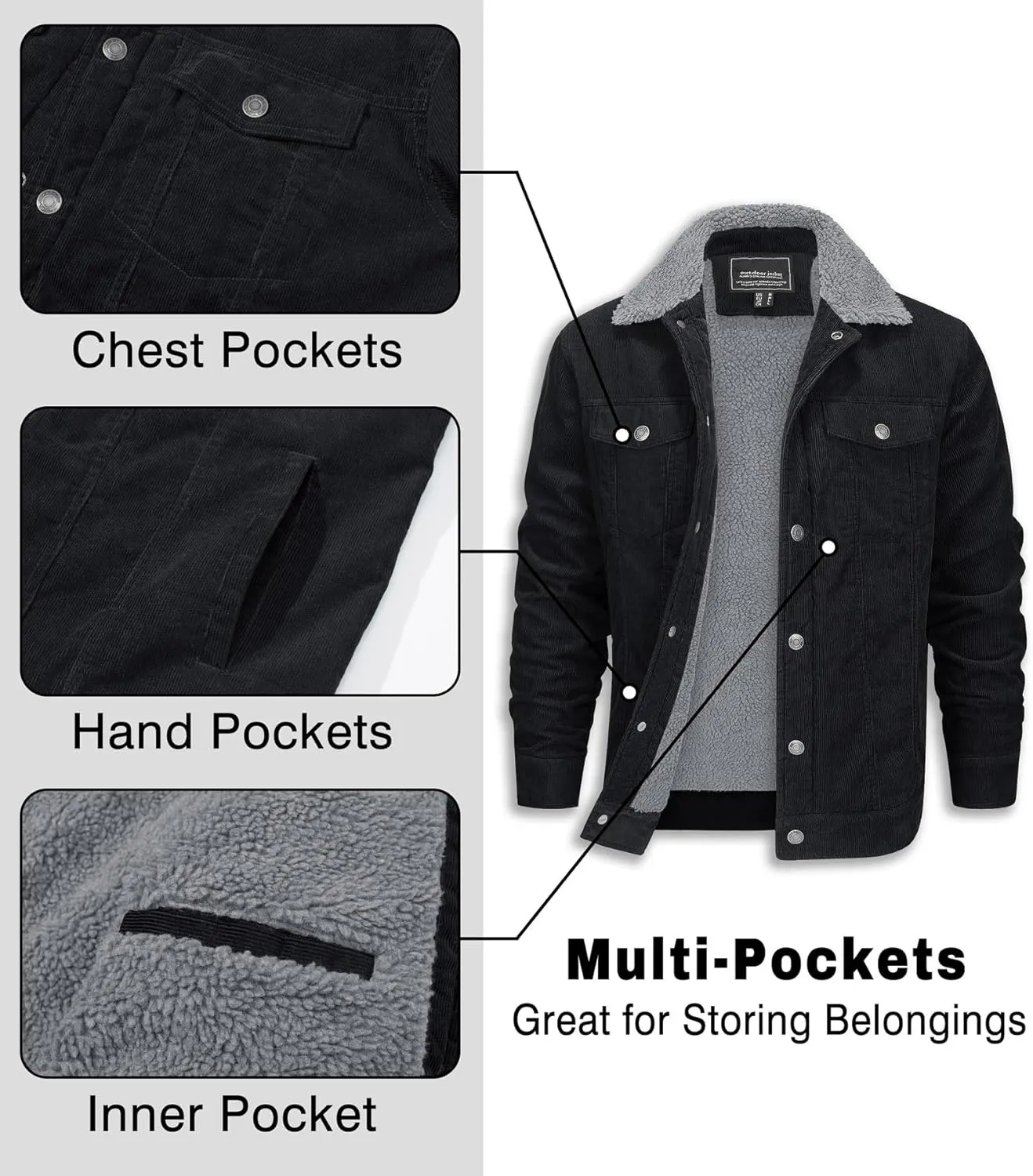 EKLENTSON Men's Corduroy Jackets Sherpa Lined Winter Coats Thermal Warm Fleece Jacket Casual Lapel Trucker Jackets