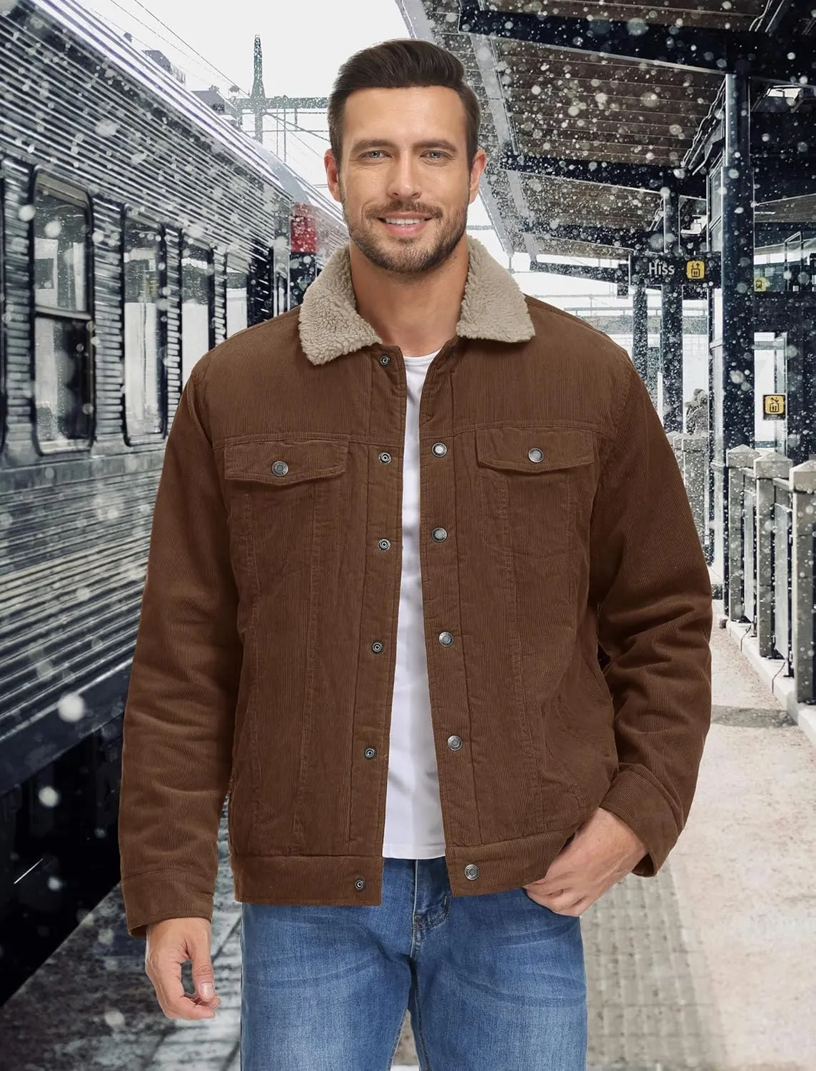 EKLENTSON Men's Corduroy Jackets Sherpa Lined Winter Coats Thermal Warm Fleece Jacket Casual Lapel Trucker Jackets