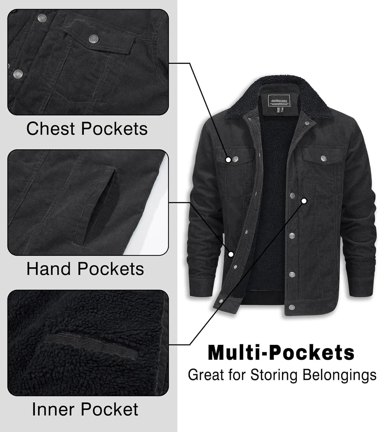 EKLENTSON Men's Corduroy Jackets Sherpa Lined Winter Coats Thermal Warm Fleece Jacket Casual Lapel Trucker Jackets