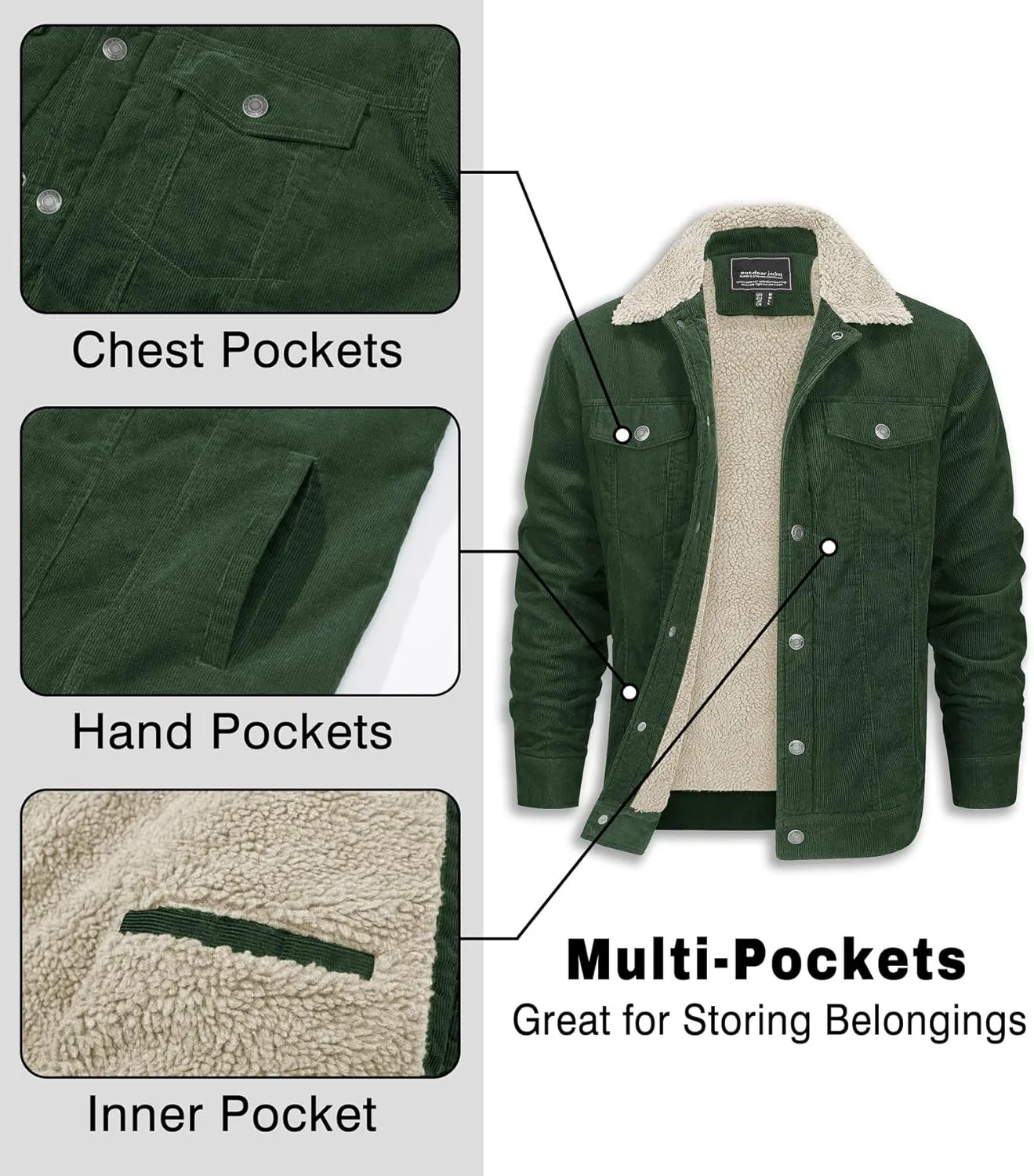 EKLENTSON Men's Corduroy Jackets Sherpa Lined Winter Coats Thermal Warm Fleece Jacket Casual Lapel Trucker Jackets