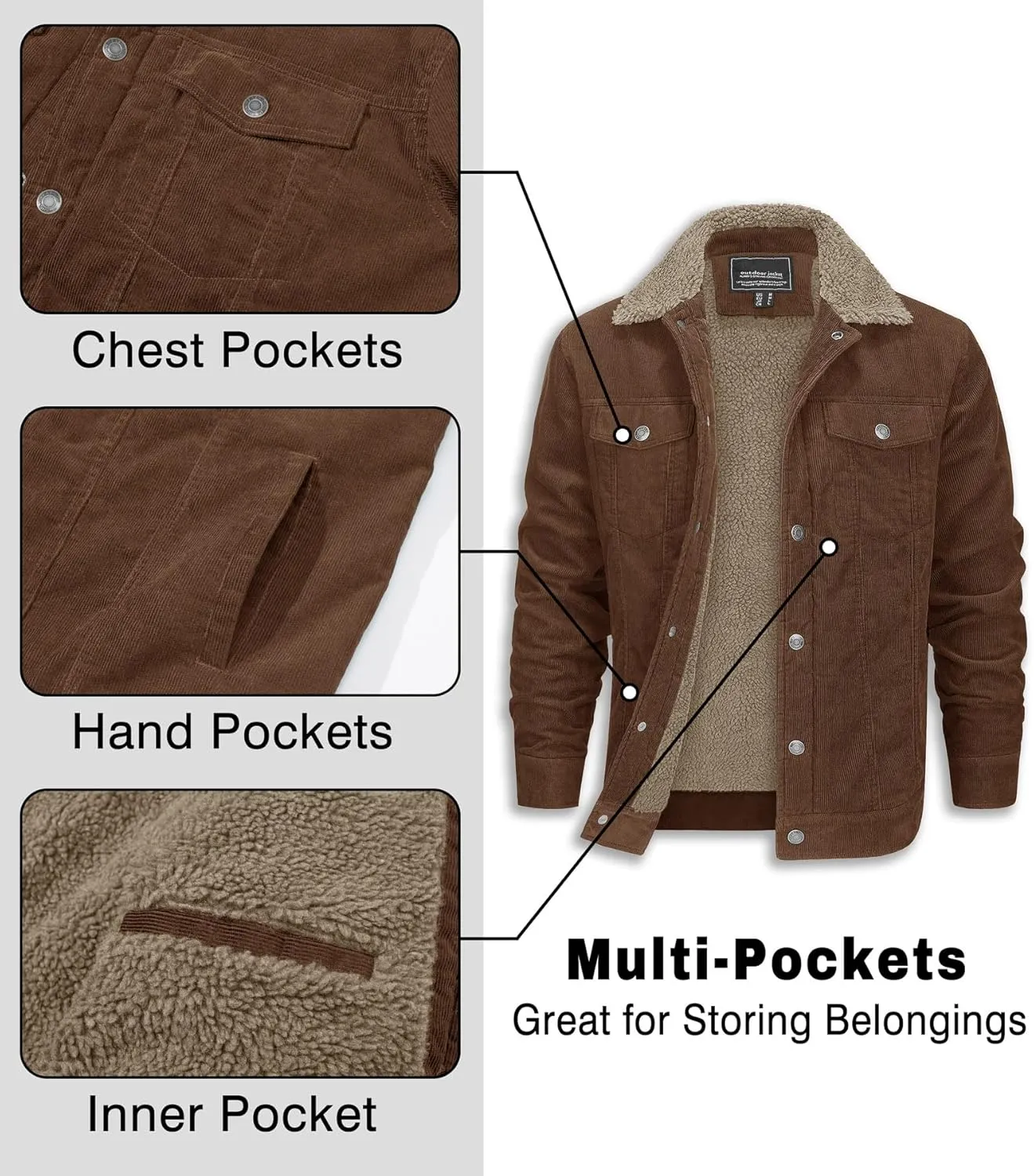 EKLENTSON Men's Corduroy Jackets Sherpa Lined Winter Coats Thermal Warm Fleece Jacket Casual Lapel Trucker Jackets