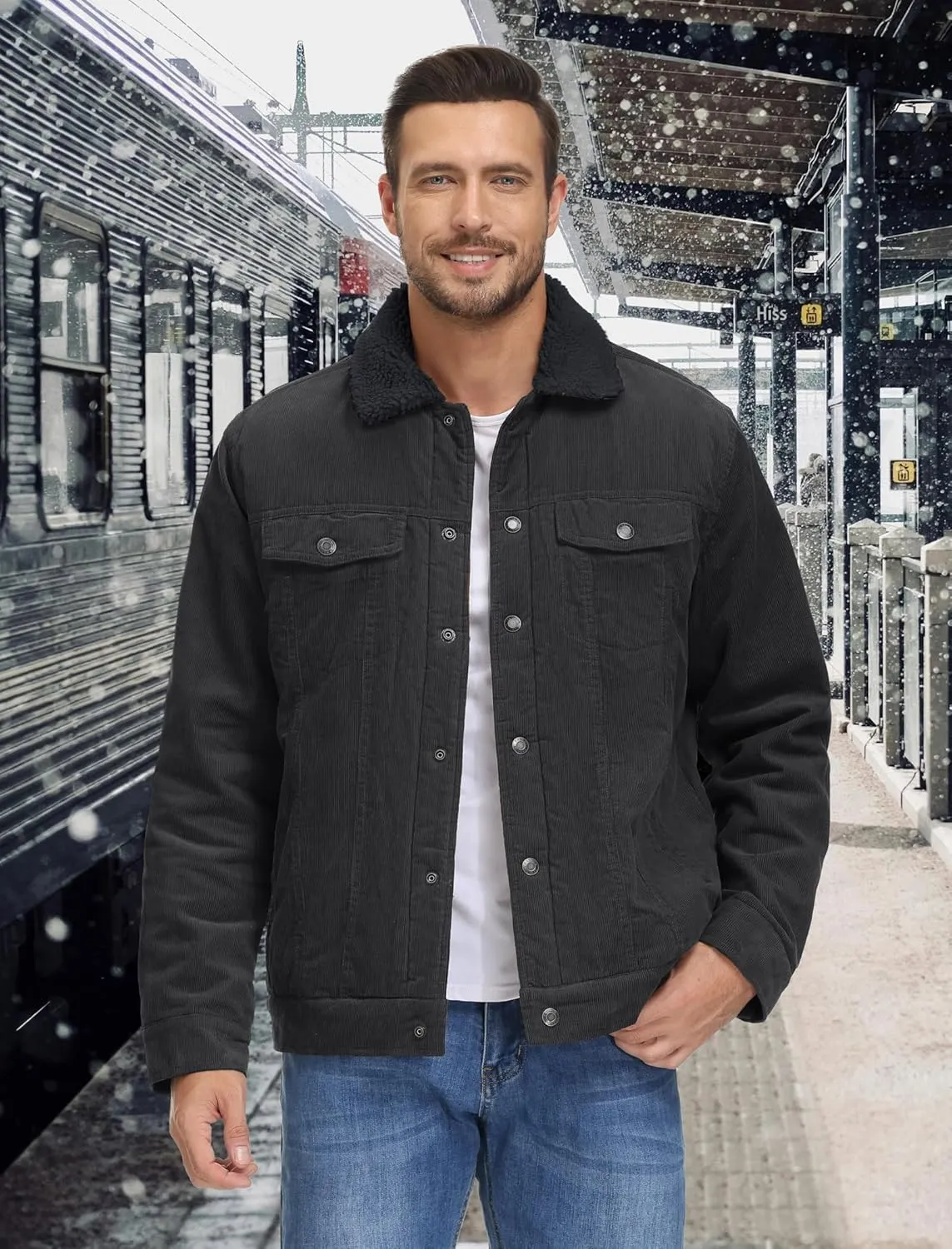 EKLENTSON Men's Corduroy Jackets Sherpa Lined Winter Coats Thermal Warm Fleece Jacket Casual Lapel Trucker Jackets