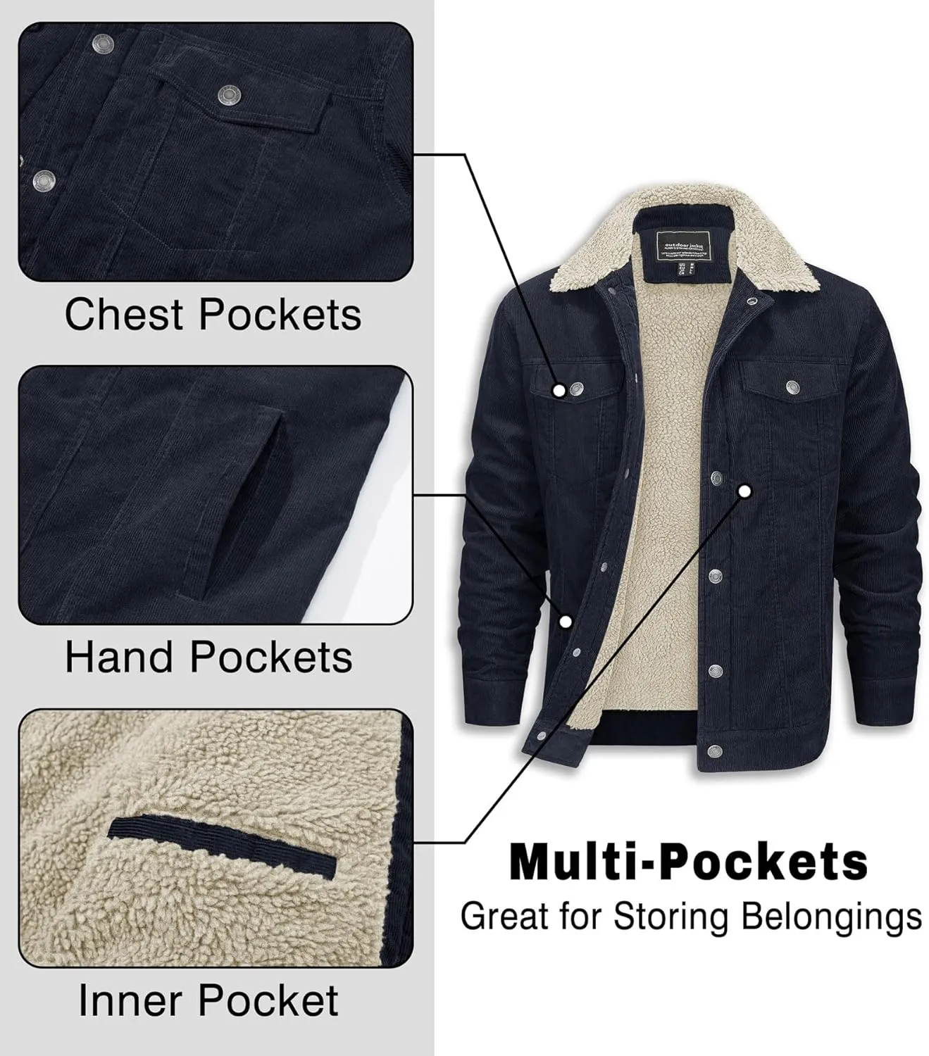 EKLENTSON Men's Corduroy Jackets Sherpa Lined Winter Coats Thermal Warm Fleece Jacket Casual Lapel Trucker Jackets