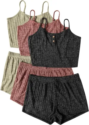 Ekouaer 3 Sets for Women Ribbed Pajamas Crop Cami Top and Shorts Pjs Casual Sleeveless Button Lounge Set Sleepwear