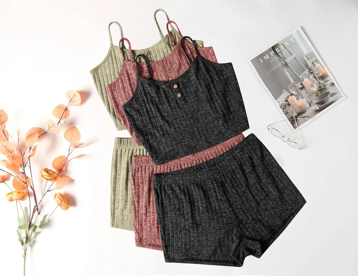 Ekouaer 3 Sets for Women Ribbed Pajamas Crop Cami Top and Shorts Pjs Casual Sleeveless Button Lounge Set Sleepwear