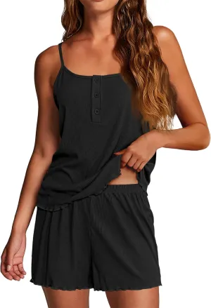 Ekouaer Pajamas for Women Set Lingerie Pjs 2 Piece Cami Sleepwear Ribbed Knit Shorts Set