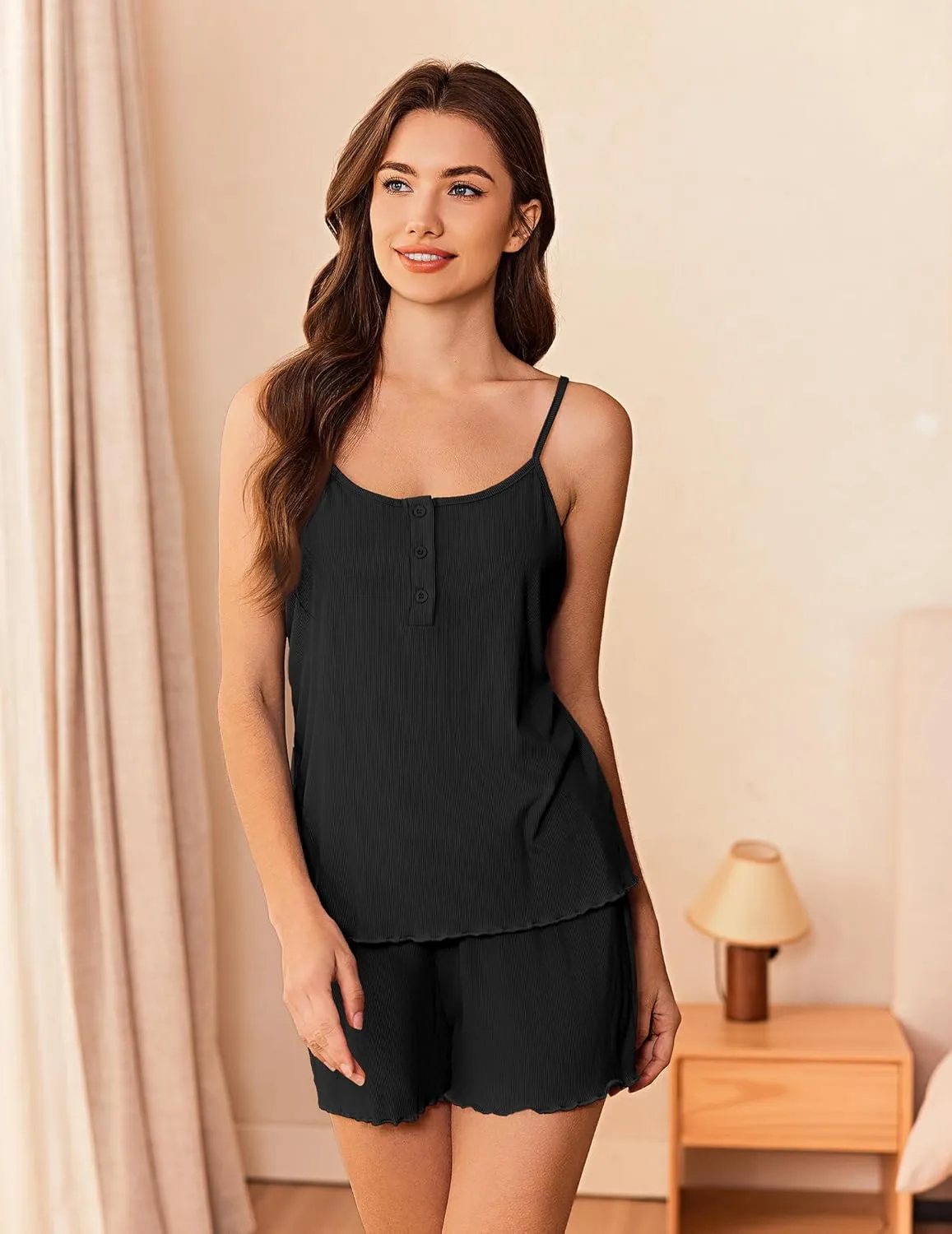 Ekouaer Pajamas for Women Set Lingerie Pjs 2 Piece Cami Sleepwear Ribbed Knit Shorts Set