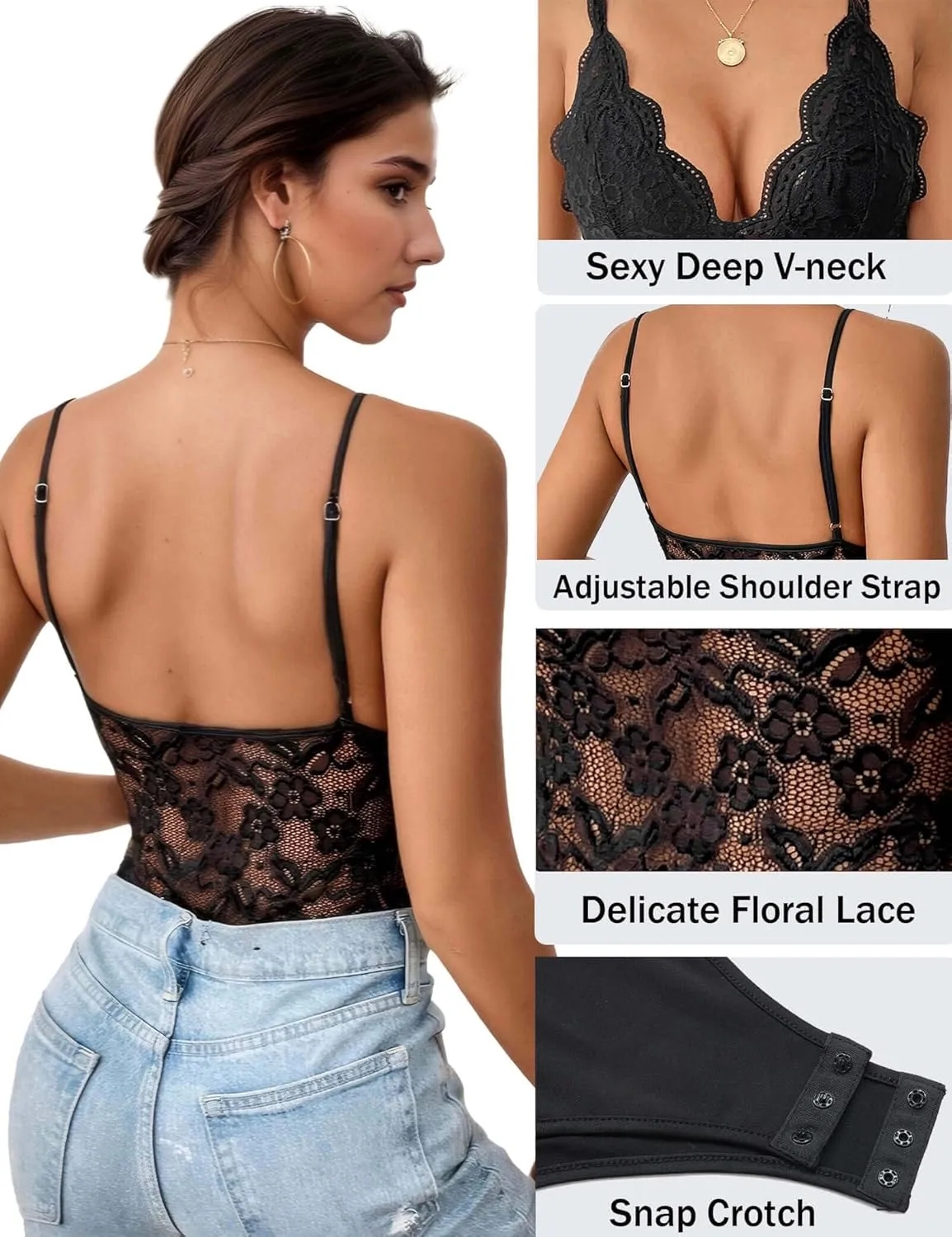 Everbellus Women Sexy Floral Lace Bodysuit Sheer Mesh Tank Tops Deep V Neck Corset Bodysuits Adjustable Strap Cami Top