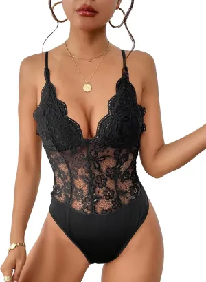 Everbellus Women Sexy Floral Lace Bodysuit Sheer Mesh Tank Tops Deep V Neck Corset Bodysuits Adjustable Strap Cami Top