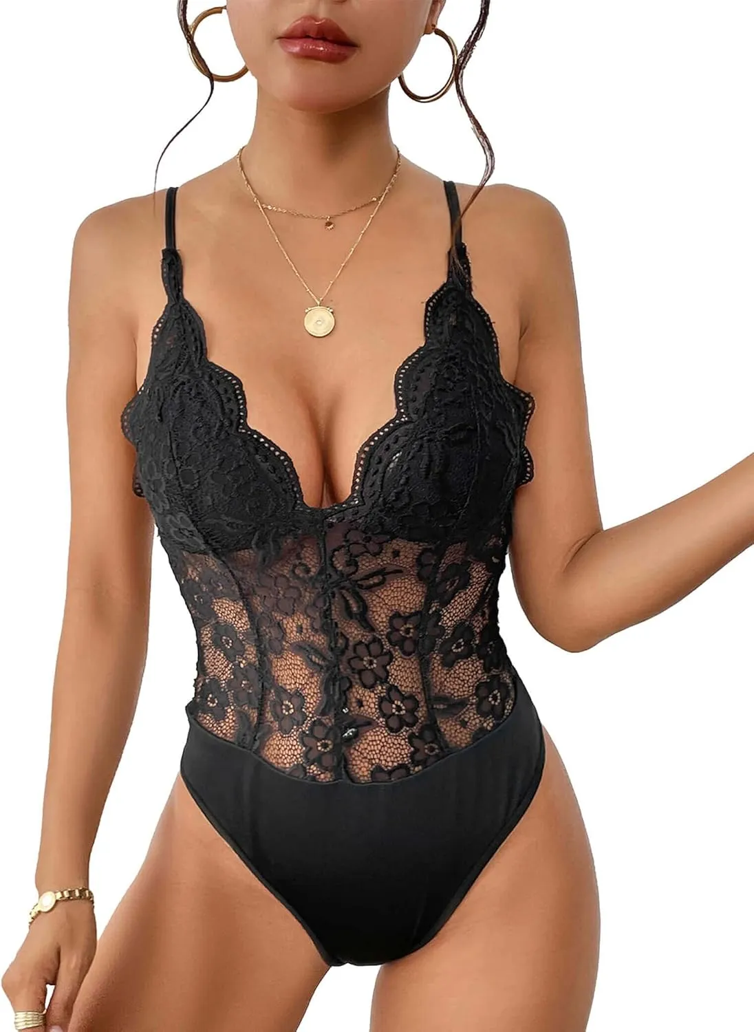 Everbellus Women Sexy Floral Lace Bodysuit Sheer Mesh Tank Tops Deep V Neck Corset Bodysuits Adjustable Strap Cami Top