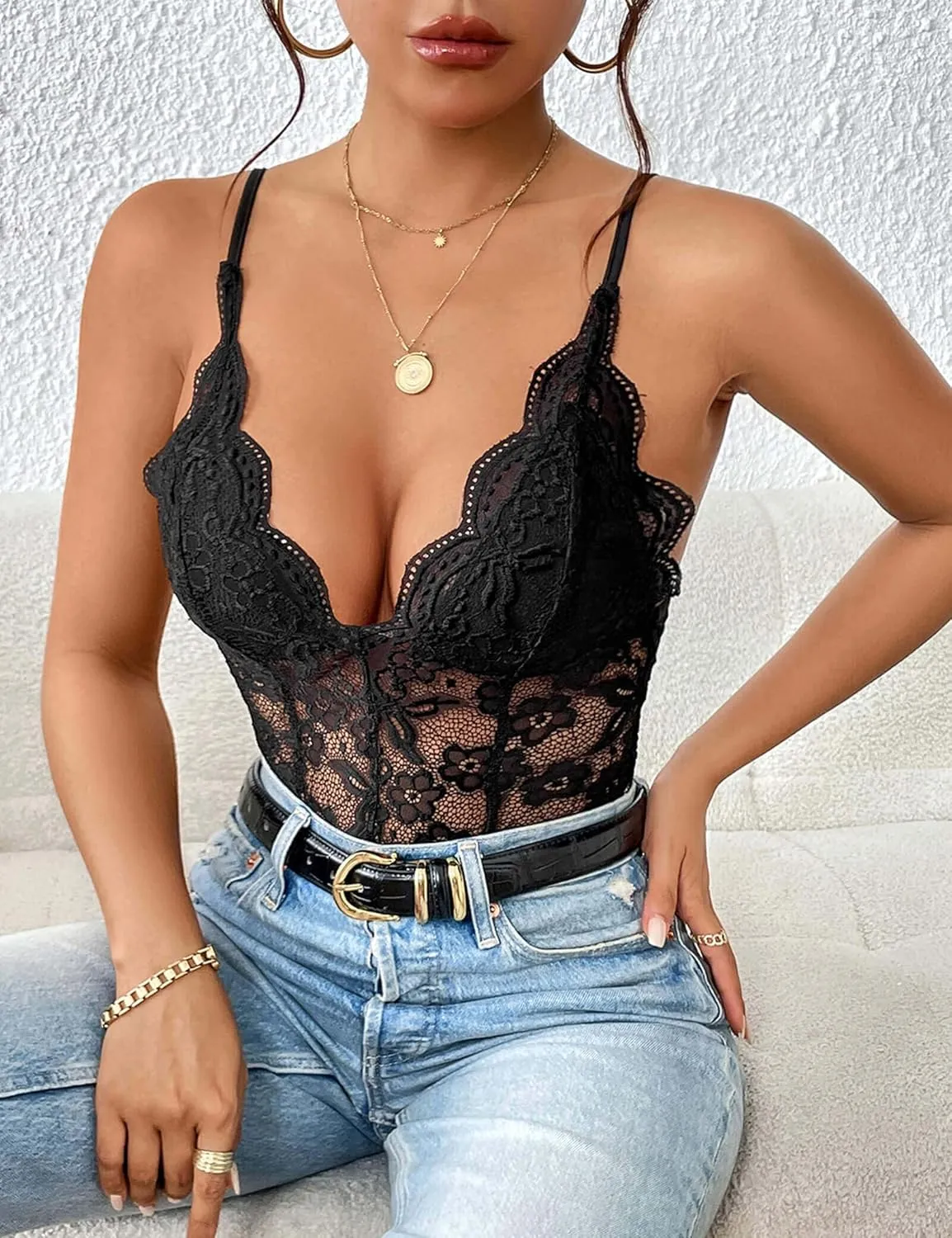Everbellus Women Sexy Floral Lace Bodysuit Sheer Mesh Tank Tops Deep V Neck Corset Bodysuits Adjustable Strap Cami Top