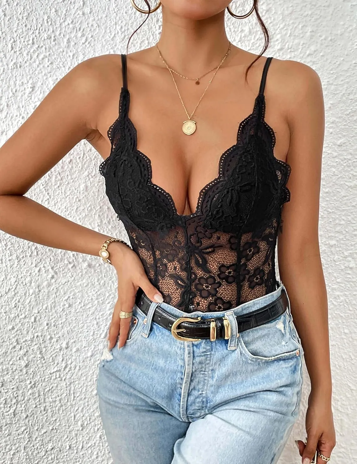 Everbellus Women Sexy Floral Lace Bodysuit Sheer Mesh Tank Tops Deep V Neck Corset Bodysuits Adjustable Strap Cami Top
