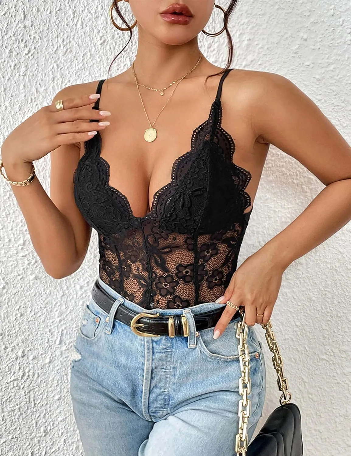 Everbellus Women Sexy Floral Lace Bodysuit Sheer Mesh Tank Tops Deep V Neck Corset Bodysuits Adjustable Strap Cami Top