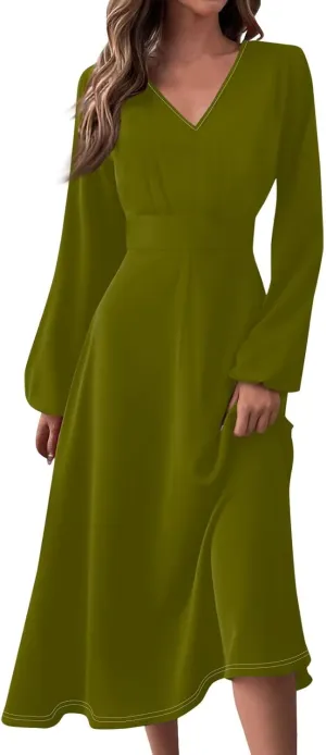 Fall Dresses for Women 2024 Long Sleeve Wrap V Neck Ruffle Belted A-Line Flowy Midi Dresses