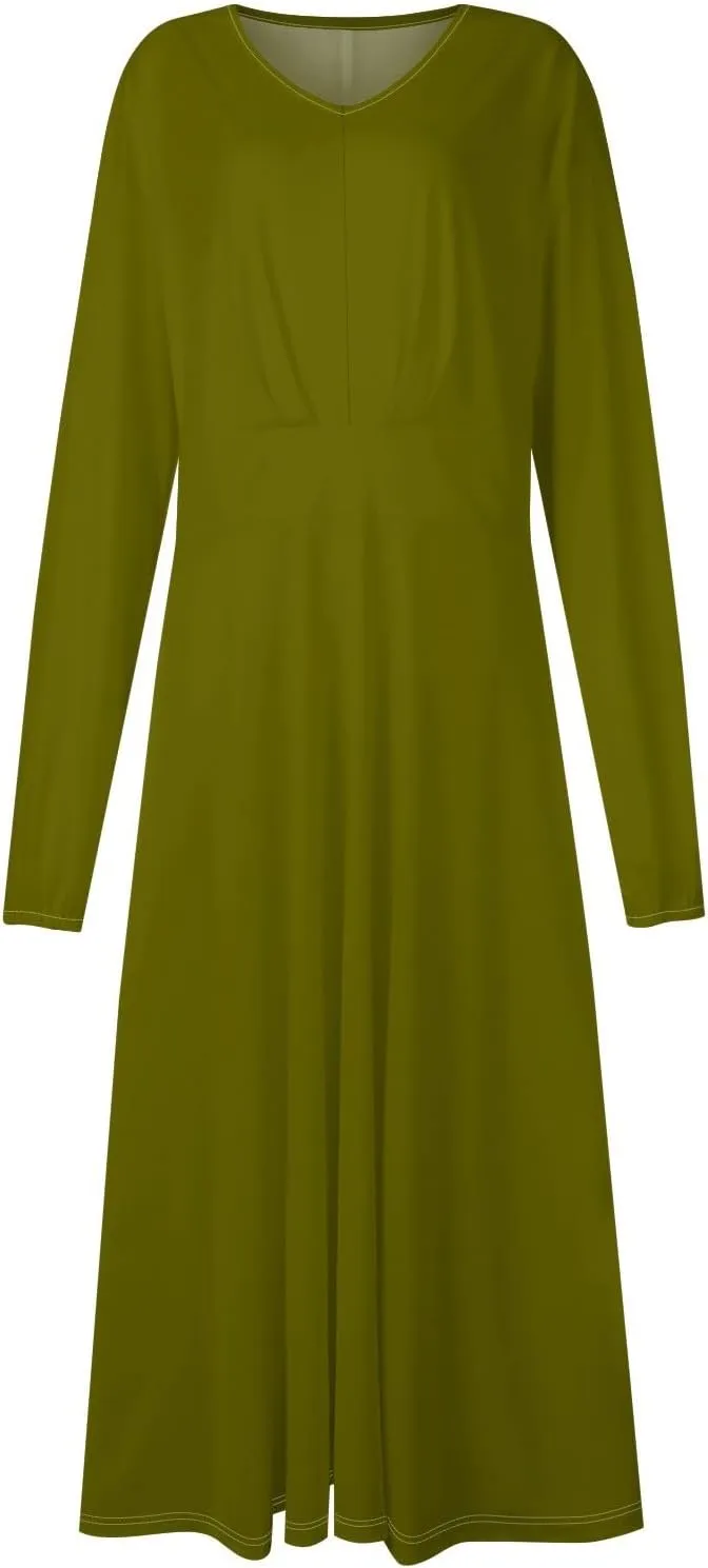 Fall Dresses for Women 2024 Long Sleeve Wrap V Neck Ruffle Belted A-Line Flowy Midi Dresses