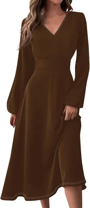 Fall Dresses for Women 2024 Long Sleeve Wrap V Neck Ruffle Belted A-Line Flowy Midi Dresses