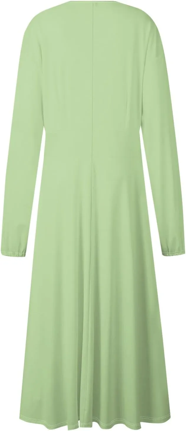 Fall Dresses for Women 2024 Long Sleeve Wrap V Neck Ruffle Belted A-Line Flowy Midi Dresses