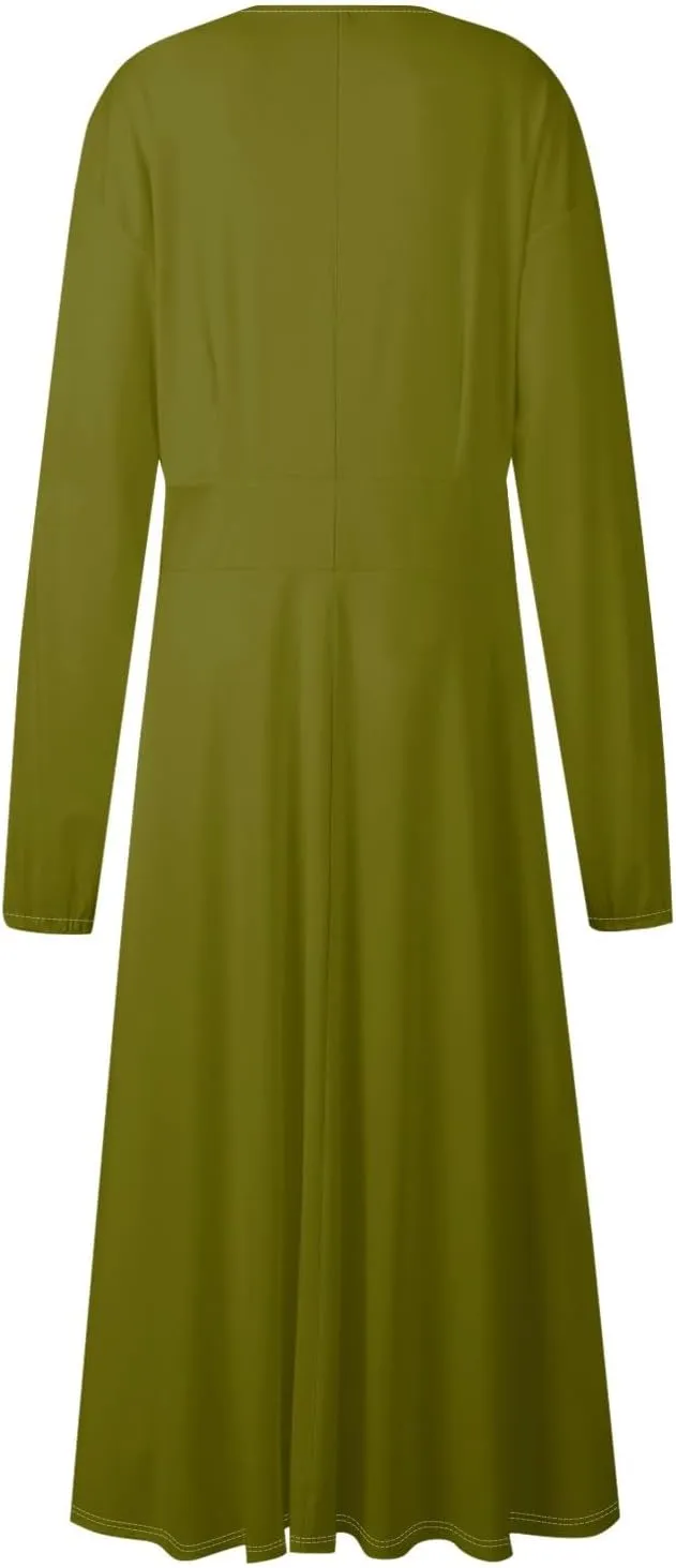 Fall Dresses for Women 2024 Long Sleeve Wrap V Neck Ruffle Belted A-Line Flowy Midi Dresses