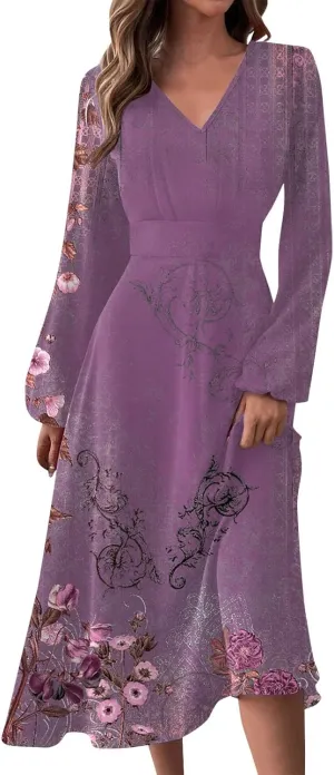 Fall Wedding Guest Dresses for Women Long Sleeve Wrap V Neck Ruffle Belted A-Line Flowy Midi Dresses