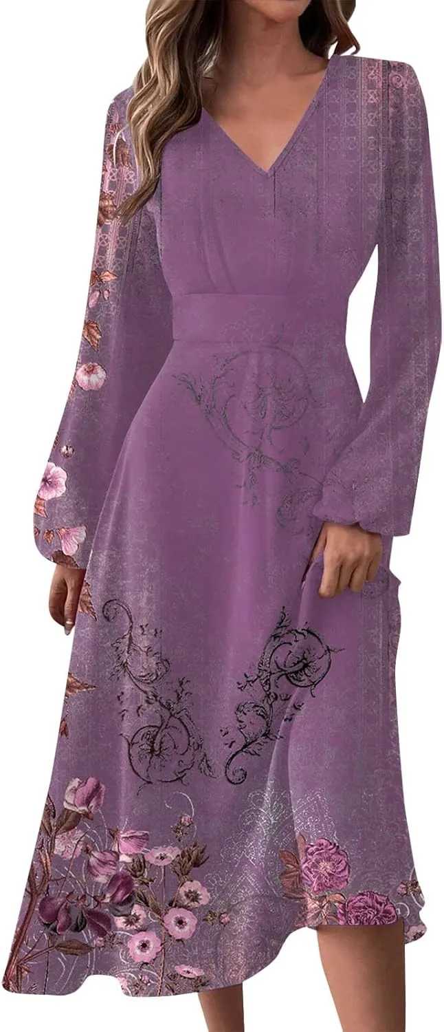Fall Wedding Guest Dresses for Women Long Sleeve Wrap V Neck Ruffle Belted A-Line Flowy Midi Dresses