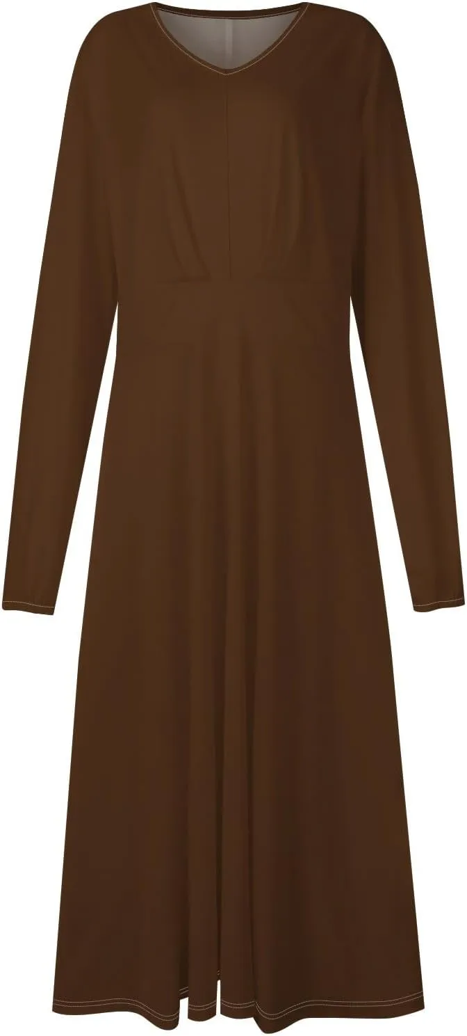Fall Wedding Guest Dresses Long Sleeve Wrap V Neck Ruffle Belted A-Line Flowy Midi Dresses