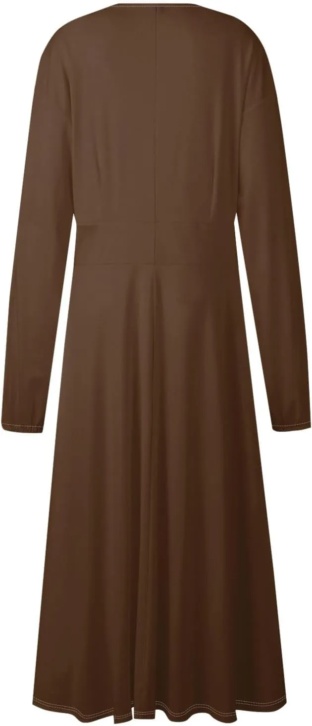 Fall Wedding Guest Dresses Long Sleeve Wrap V Neck Ruffle Belted A-Line Flowy Midi Dresses