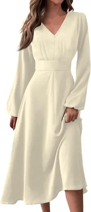 Fall Wedding Guest Dresses Long Sleeve Wrap V Neck Ruffle Belted A-Line Flowy Midi Dresses