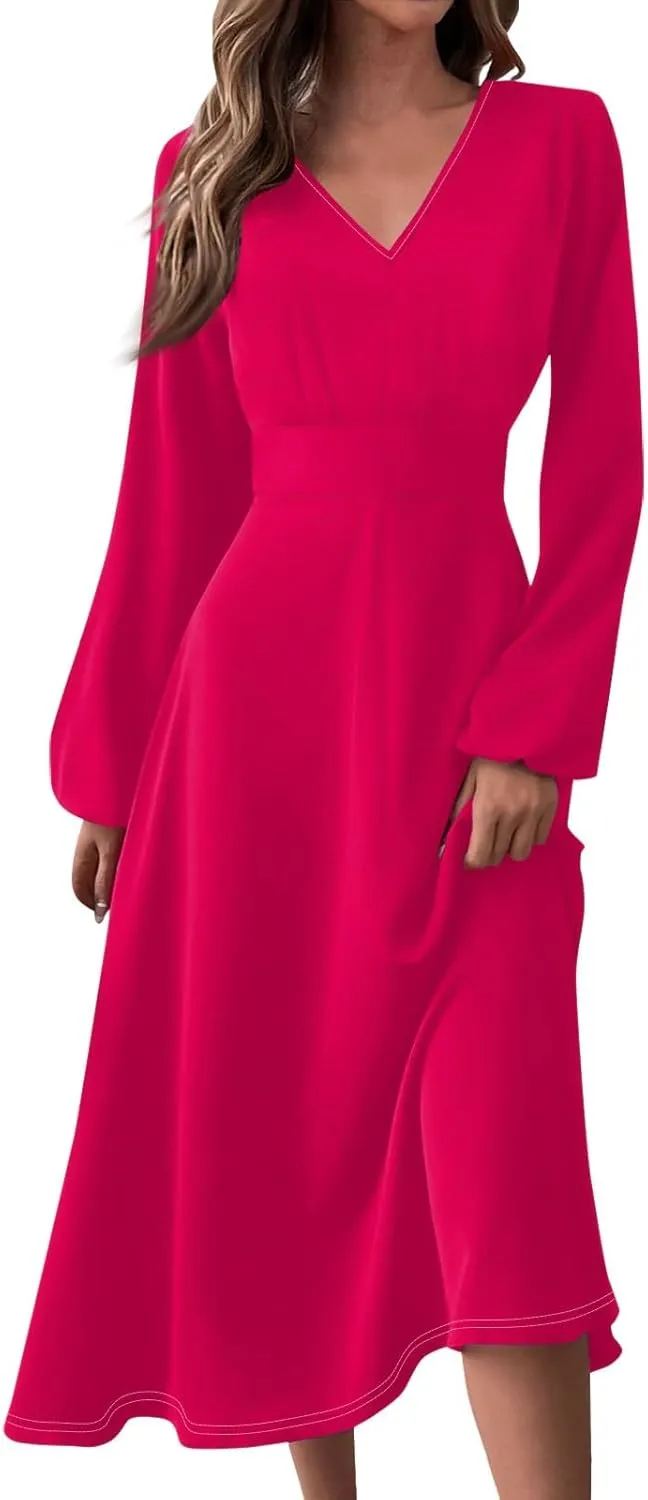 Fall Wedding Guest Dresses Long Sleeve Wrap V Neck Ruffle Belted A-Line Flowy Midi Dresses
