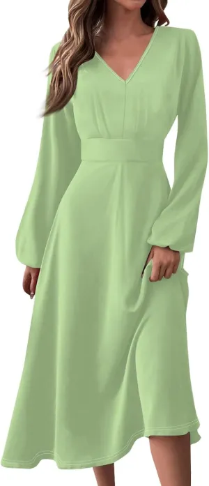 Fall Wedding Guest Dresses Long Sleeve Wrap V Neck Ruffle Belted A-Line Flowy Midi Dresses