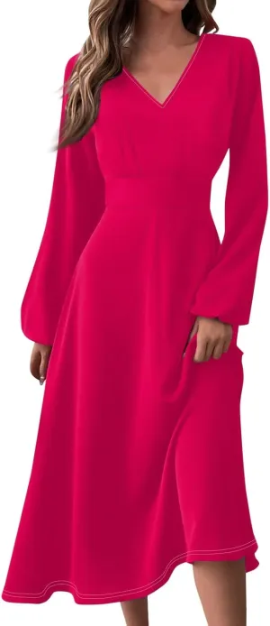 Fall Wedding Guest Dresses Long Sleeve Wrap V Neck Ruffle Belted A-Line Flowy Midi Dresses