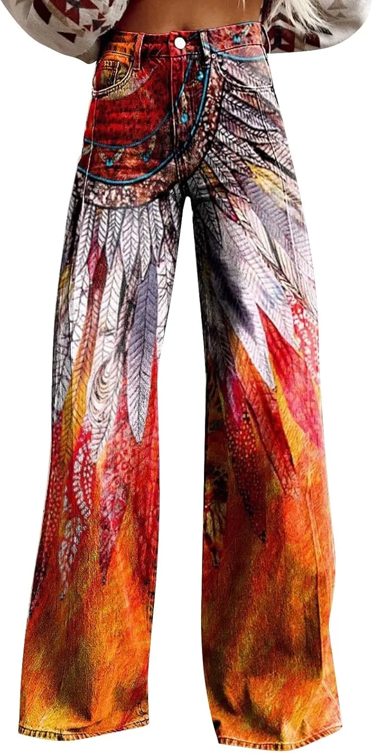Flare Jeans for Women Wide Leg Baggy Pants Vintage Floral Print High Waisted Straight Stretch Pants with Pockets