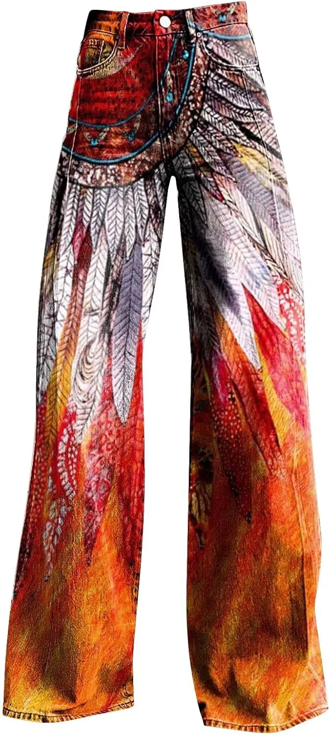 Flare Jeans for Women Wide Leg Baggy Pants Vintage Floral Print High Waisted Straight Stretch Pants with Pockets