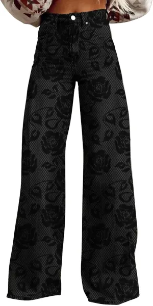 Flare Jeans for Women Wide Leg Denim Pants Vintage Floral Print High Waisted Straight Stretchy Pant Baggy Trousers