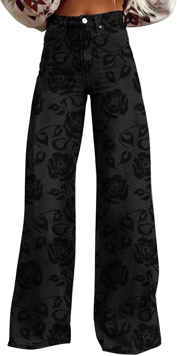 Flare Jeans for Women Wide Leg Denim Pants Vintage Floral Print High Waisted Straight Stretchy Pant Baggy Trousers