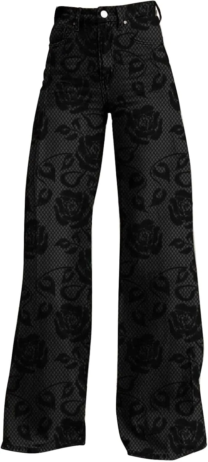 Flare Jeans for Women Wide Leg Denim Pants Vintage Floral Print High Waisted Straight Stretchy Pant Baggy Trousers