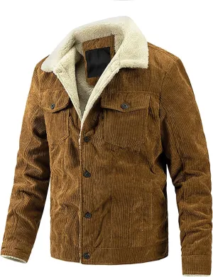 Fleece Lined Corduroy Jackets for Men Slim Fit Warm Trucker Jacket Lapel Button Down Winter Coat Soft Thick Outwear