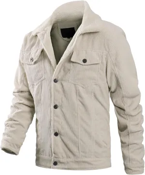 Fleece Lined Corduroy Jackets for Men Slim Fit Warm Trucker Jacket Lapel Button Down Winter Coat Soft Thick Outwear