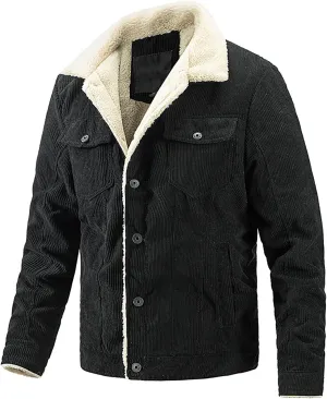 Fleece Lined Corduroy Jackets for Men Slim Fit Warm Trucker Jacket Lapel Button Down Winter Coat Soft Thick Outwear