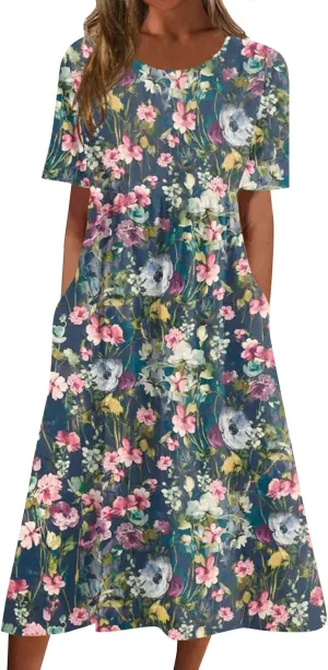 FlekmanArt Dresses for Women 2025 Printed Pleated Long Dress Pocket Short Sleeve Dresses Round Neck Loose Beach Dress
