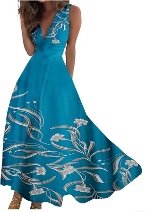 FlekmanArt Womens Dresses Sleeveless Wrap V Neck Beach Dress Flowy Ruched Floral Print Maxi Dress Trendy Boho Dress